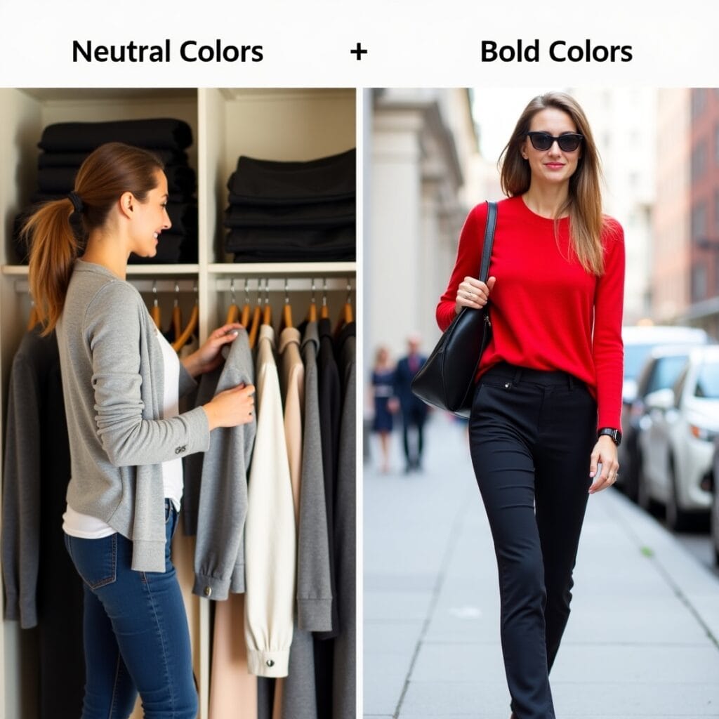 Neutral Colors: A wardrobe filled with neutral-colored clothing: black, grey, beige, and white. A woman is reaching for a grey cardigan, showing how easy it is to mix and match these colors. The focus is on the versatility and timelessness of a neutral color palette. Bold Colors: A young woman is walking down a city street, wearing a vibrant red sweater paired with neutral-colored trousers (e.g., black or grey). The bright sweater pops against the understated background, showcasing how a bold color can create a statement look.