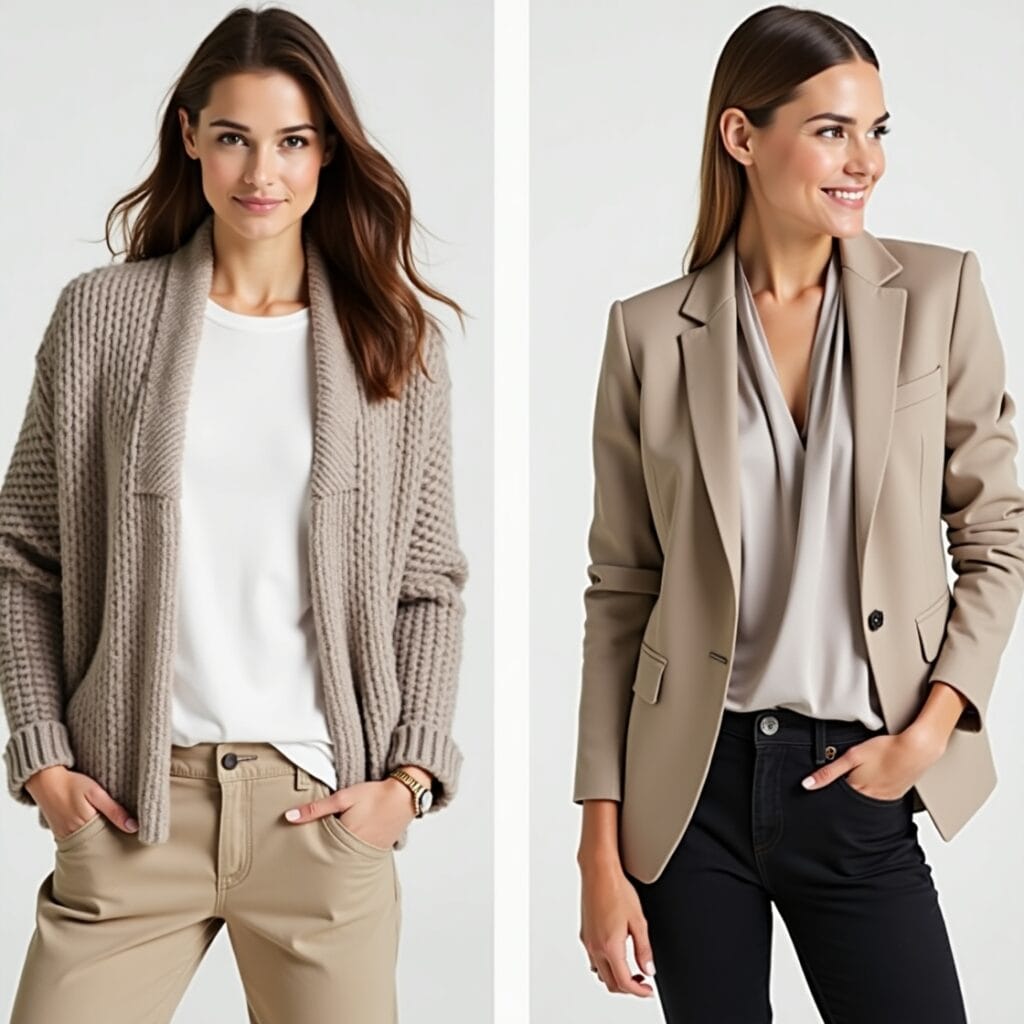 Smooth and Rough: A woman is wearing a white cotton t-shirt underneath a chunky wool sweater. The contrast between the smooth cotton and the rough wool is emphasized, creating visual interest and depth in the outfit. The focus is on the tactile quality of the fabrics. Soft and Structured: A woman is wearing a flowing silk blouse paired with a structured, tailored blazer. The juxtaposition of the soft, drapey fabric of the blouse and the sharp, defined lines of the blazer creates a sophisticated and balanced look. The image highlights the contrast between the textures and silhouettes.