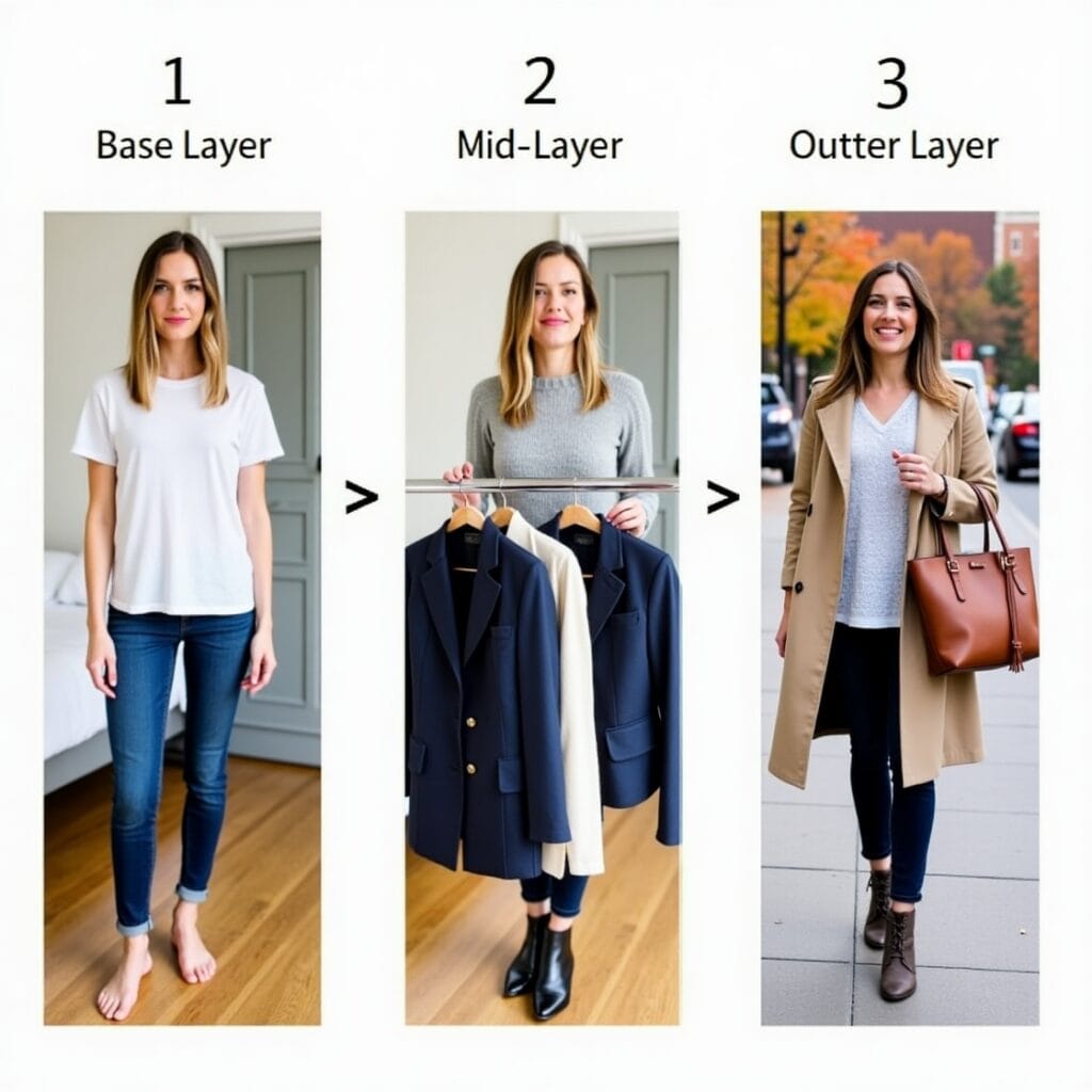 Start with a Base Layer: A young woman stands in her well-lit bedroom, in front of a neatly organized wardrobe. She's wearing a simple white cotton t-shirt and comfortable jeans, highlighting the foundation of a versatile outfit. The focus is on the clean and minimalist look of the base layer, ready to be built upon. Add a Mid-Layer: A stylish woman is holding a variety of mid-layers in her hands: a soft grey cashmere sweater, a cream-colored open-front cardigan, and a tailored navy blazer. She's smiling thoughtfully, considering which one to choose based on the occasion. The scene emphasizes the different options and the decision-making process involved in selecting a mid-layer. Finish with an Outer Layer: A woman is standing on a city street corner on a crisp autumn day. She's wearing a white t-shirt, a grey knit sweater, and a stylish trench coat. She's also wearing boots and carrying a leather tote bag. The photo showcases how the outer layer completes the look, adding warmth and style while tying the whole outfit together.