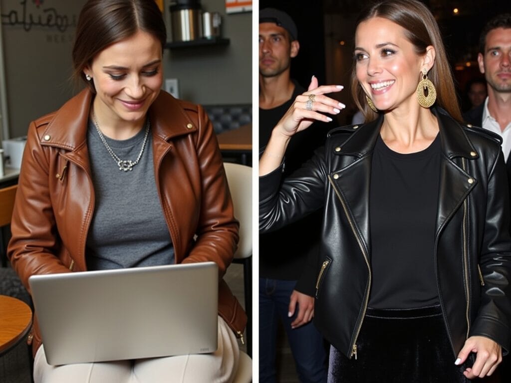 Simple Necklaces: A woman is working at a coffee shop on her laptop. She's wearing a brown leather jacket, a gray t-shirt, a neutral-colored maxi skirt, and a delicate silver necklace. The scene is understated and chic, focusing on her everyday style. Bold Earrings: A woman is attending an evening party. She's wearing a black leather jacket, a black t-shirt, a velvet maxi skirt, and statement gold earrings. She is smiling and talking to other guests. The scene is glamorous and eye-catching, emphasizing the dramatic flair of the earrings.