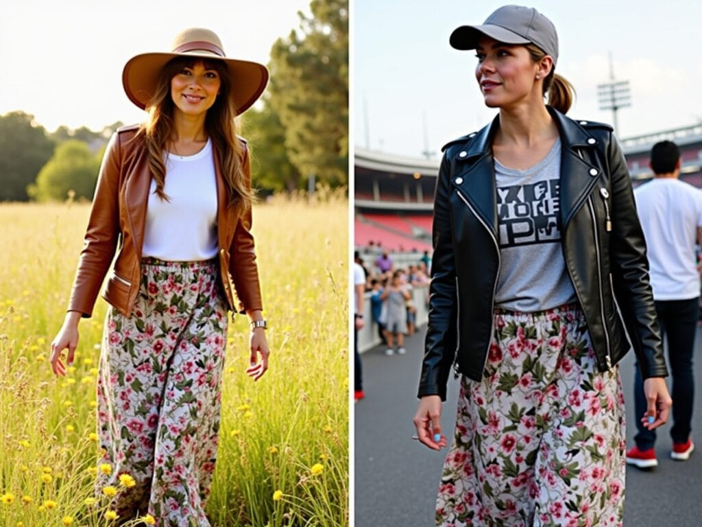 Floppy Hat: A woman is walking through a field of wildflowers. She's wearing a brown leather jacket, a white t-shirt, a floral maxi skirt, and a wide-brimmed floppy hat. The scene is relaxed and bohemian, capturing the free-spirited vibe. Baseball Cap: A woman is attending an outdoor sporting event. She's wearing a black leather jacket, a graphic tee, a casual maxi skirt, and a baseball cap. The scene is sporty and laid-back, emphasizing the fun and casual style.