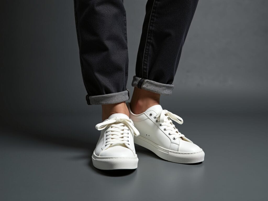 a person's feet wearing clean white sneakers with dark wash jeans. Capture the contrast between the pristine sneakers and the textured denim.