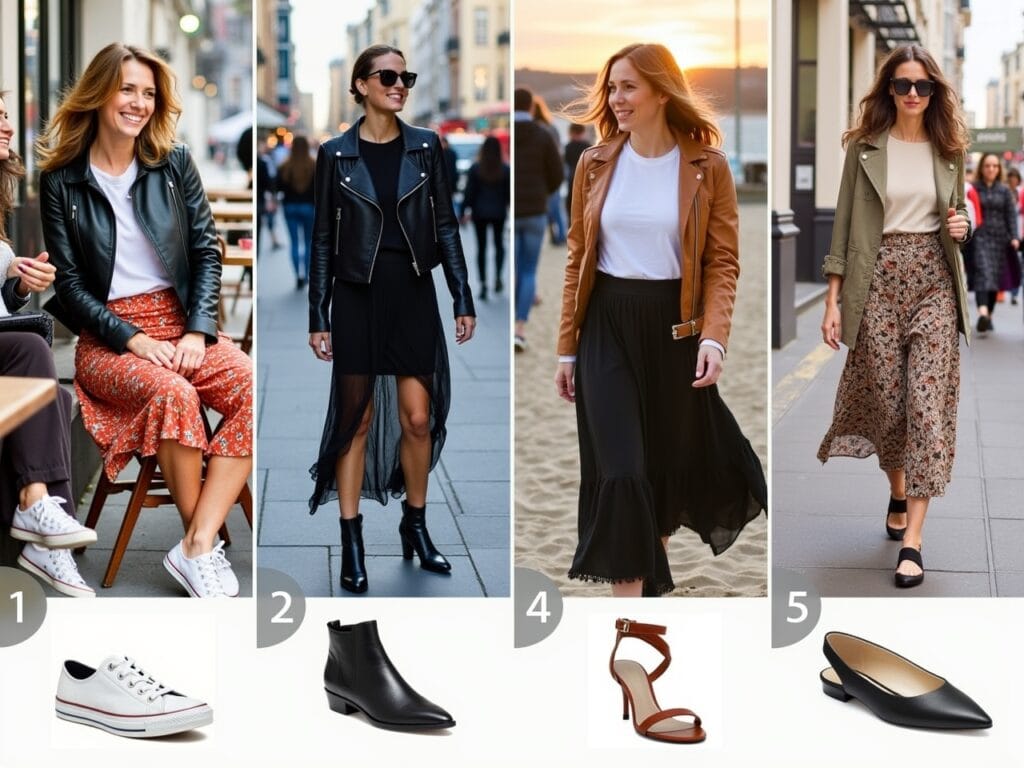 Sneakers: A woman is laughing and chatting with friends at an outdoor cafe. She's wearing a black leather jacket, a white t-shirt, a floral maxi skirt, and clean white sneakers. The scene is bright and casual, focusing on the comfort and ease of her outfit. Boots: A woman is walking down a city street in the fall. She's wearing a black leather jacket, a black t-shirt, a dark-colored maxi skirt, and black ankle boots with a slight heel. The scene is stylish and sophisticated, capturing the urban chic vibe. Sandals: A woman is walking on a beach at sunset. She's wearing a tan leather jacket, a white t-shirt, a flowing maxi skirt with a bohemian print, and simple flat sandals. The scene is relaxed and carefree, emphasizing the bohemian style. Kitten Heel Slingbacks: A woman is attending a gallery opening. She's wearing a black leather jacket, a black t-shirt, a satin maxi skirt, and black kitten heel slingbacks. She is holding a glass of wine. The scene is elegant and sophisticated, highlighting the balance between comfort and style.
