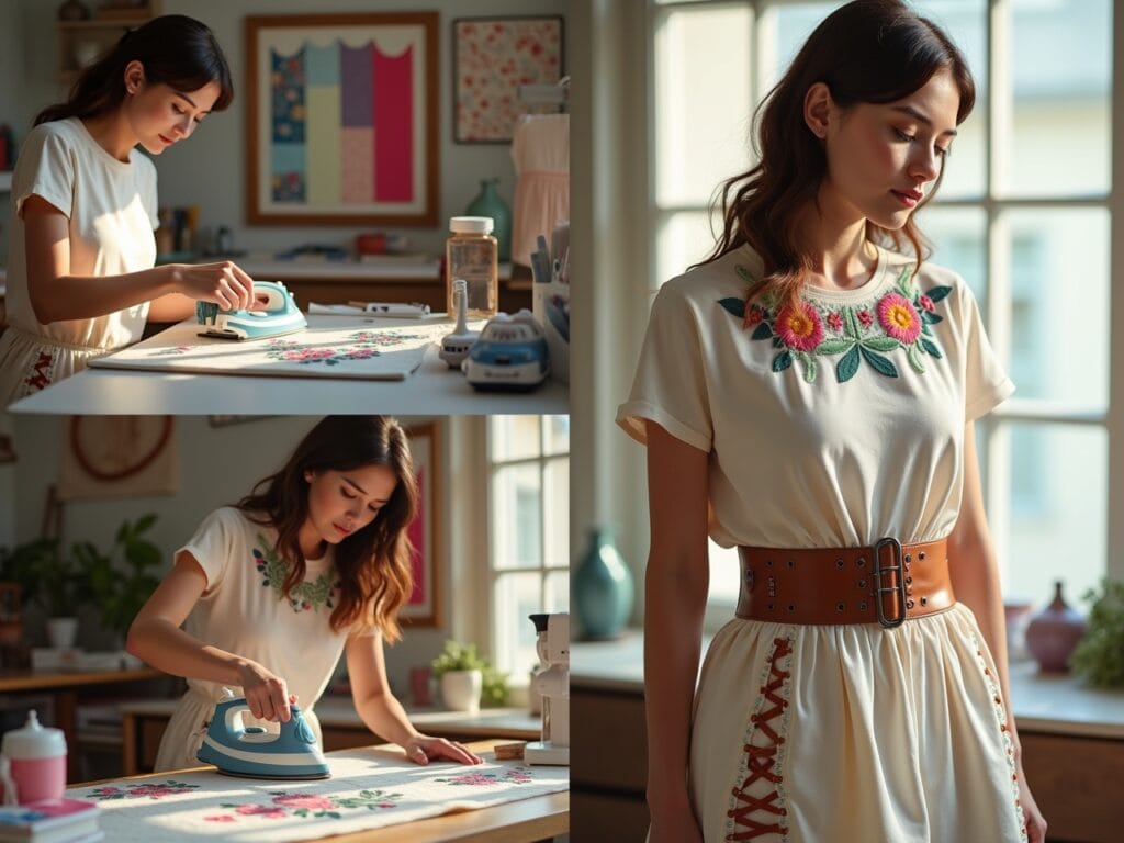 A brightly lit, inviting craft room scene displays a step-by-step DIY transformation of a basic t-shirt dress. One image shows a woman carefully adding colorful fabric patches with an iron to personalize the dress. Another presents her hand-stitching intricate floral embroidery around the neckline for a unique, bohemian touch. A third showcases the finished dress styled on a mannequin, cinched at the waist with a wide leather belt, featuring strategically placed metal eyelets with laced ribbon detailing along the sides, demonstrating how simple alterations and embellishments can create a personalized, high-fashion garment.