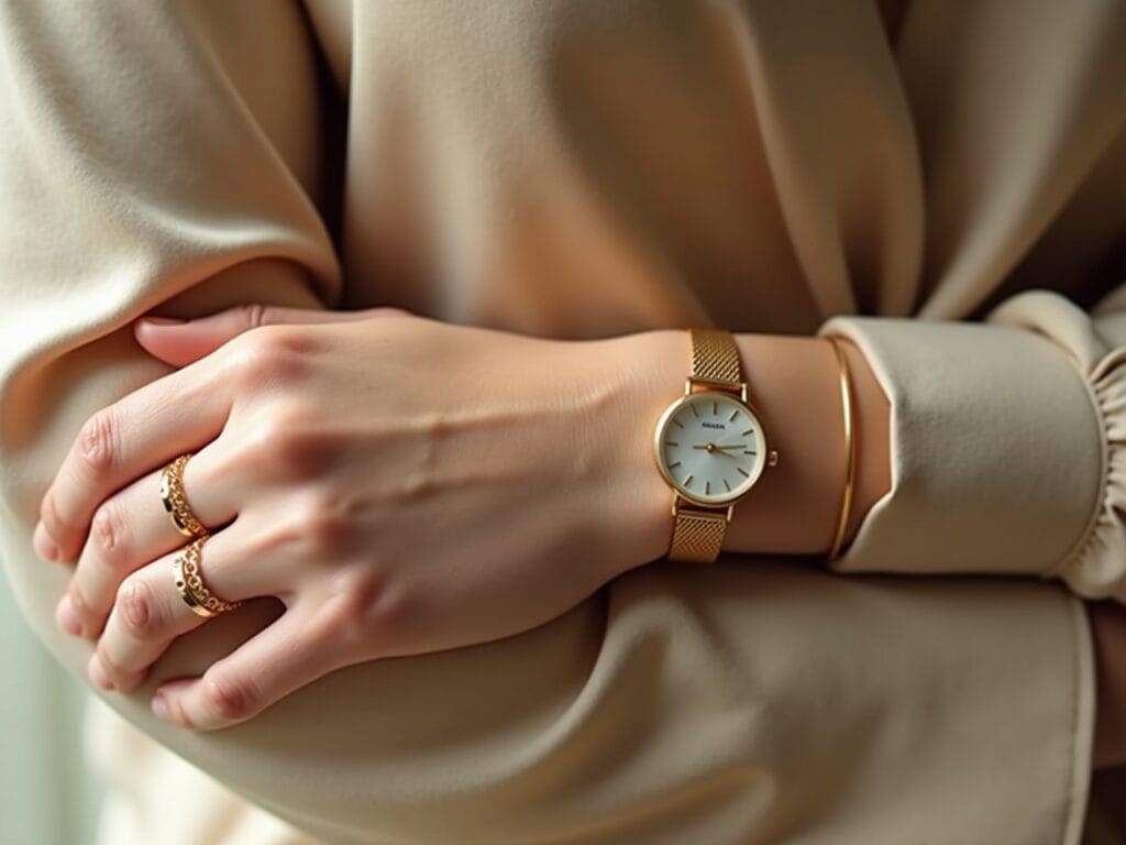 A close-up shot of a woman's wrist and hand, showcasing delicate gold or silver jewelry. She is wearing a long-sleeved beige blouse. The jewelry could include a thin gold watch, a delicate chain bracelet, and a simple ring. Focus on the intricate details of the jewelry and how they add a subtle touch of elegance. The background should be soft and blurred, perhaps a softly textured surface.