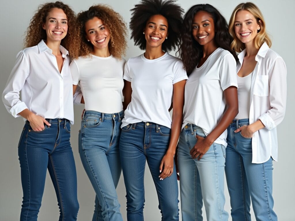 A close-up shot of a diverse group of people showcasing the white shirt and blue jeans combination in their own unique styles. One person might be wearing a fitted white shirt with dark wash skinny jeans and heels, another a relaxed white t-shirt with light wash boyfriend jeans and sandals, and a third a slightly oversized white shirt with straight-leg jeans and boots. The focus is on showcasing how the same core outfit can be adapted to different body types, ages, and personal styles, highlighting its enduring appeal and versatility. Capture the genuine smiles and confidence of each individual, emphasizing the timeless and inclusive nature of the look.
