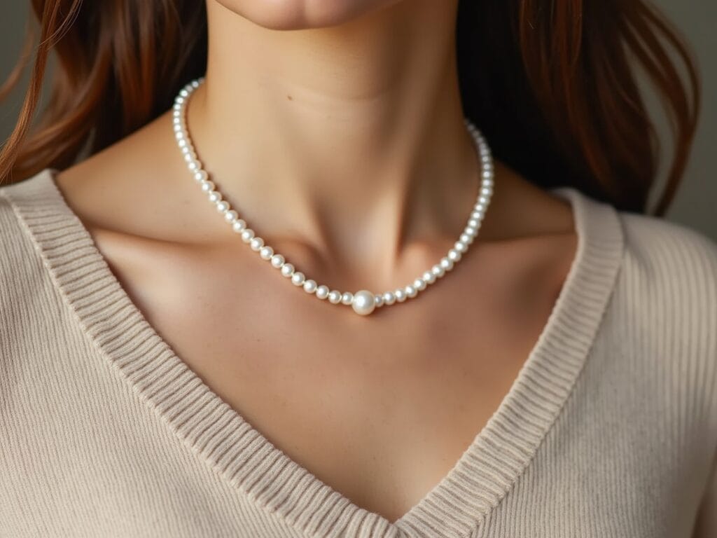 A close-up shot of a woman's neck and upper chest area, showcasing a simple yet elegant pearl necklace. She's wearing a soft beige cashmere sweater. The pearls should be classic in style (e.g., a single strand or delicate pendant). Focus on soft, diffused lighting to highlight the luster of the pearls and the texture of the sweater. The background should be blurred to keep the focus on the pearls and the woman's skin.
