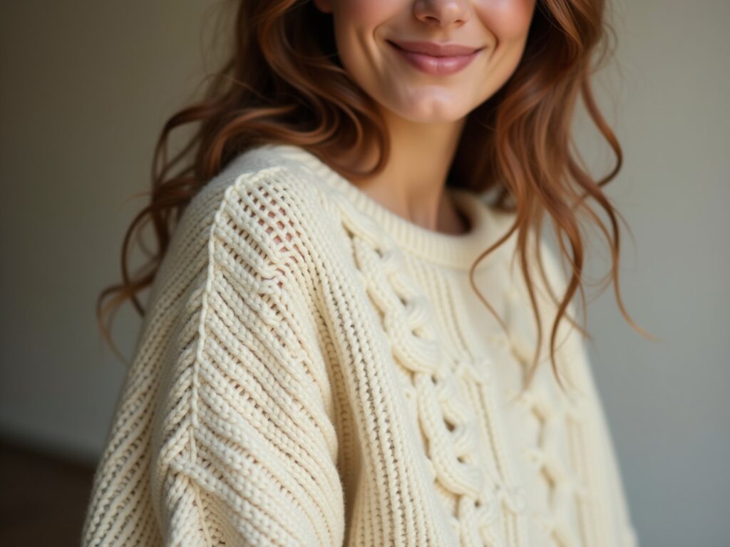 A close-up shot focuses on the upper body of a person wearing a chunky, cream-colored cable-knit sweater. The texture of the knit is emphasized by soft, diffused light. The sweater is slightly oversized and has a relaxed, comfortable feel. The background is blurred, allowing the viewer to appreciate the intricate details and cozy warmth of the knitwear. The person is looking slightly off-camera with a relaxed and content expression.