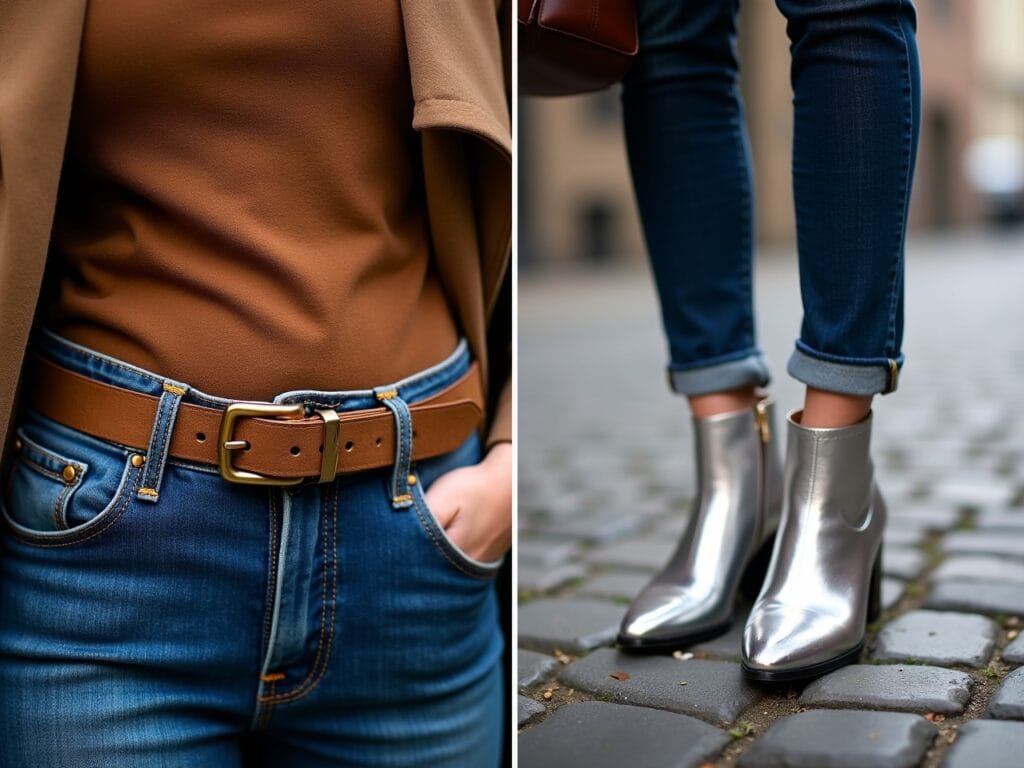 4. Accessories: Suede Belt A close-up shot focuses on the waist of a person wearing a brown suede belt with a simple brass buckle. The belt is looped through the waistband of denim jeans. The texture of the suede is clearly visible, adding a soft, earthy element to the outfit. The lighting highlights the details of the buckle and the subtle nap of the suede. The image conveys a sense of understated style and attention to detail. 5. Accessories: Metallic Boots A shot from the ankle down captures a pair of metallic silver ankle boots. The boots are slightly scuffed, giving them a worn-in look. They are set against a blurred background of a cobblestone street. The lighting accentuates the metallic sheen of the boots and their slightly pointed toe. The image showcases a touch of sophistication and modernity, balancing the ruggedness of the other textures.