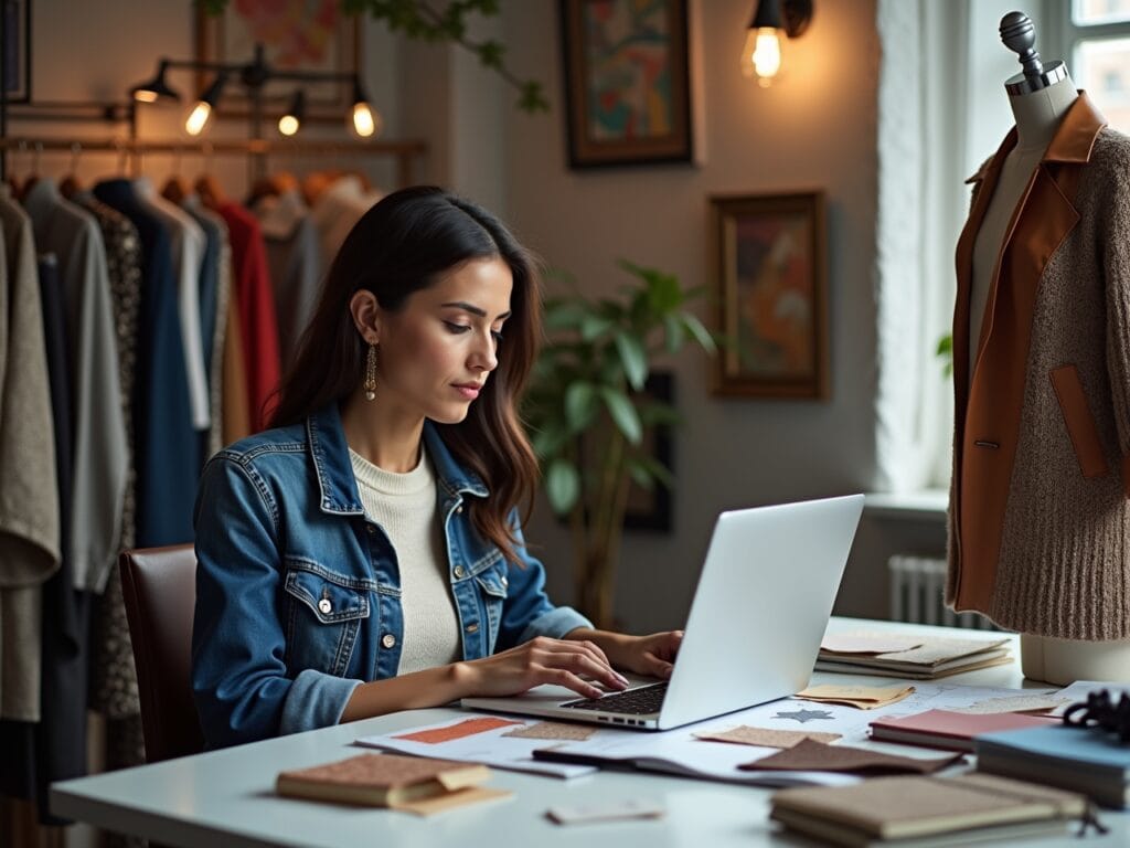 A fashion blogger is sitting at her desk, surrounded by mood boards and fabric swatches. She is typing on her laptop, writing a blog post about the art of mixing textures. A completed outfit, showcasing a balanced combination of denim, knitwear, and leather, is displayed on a mannequin nearby. The lighting is bright and inspiring, highlighting the creative process. The image conveys a sense of mastery and confidence in the art of texture fashion, emphasizing the ability to create stunning outfits that showcase personal style.