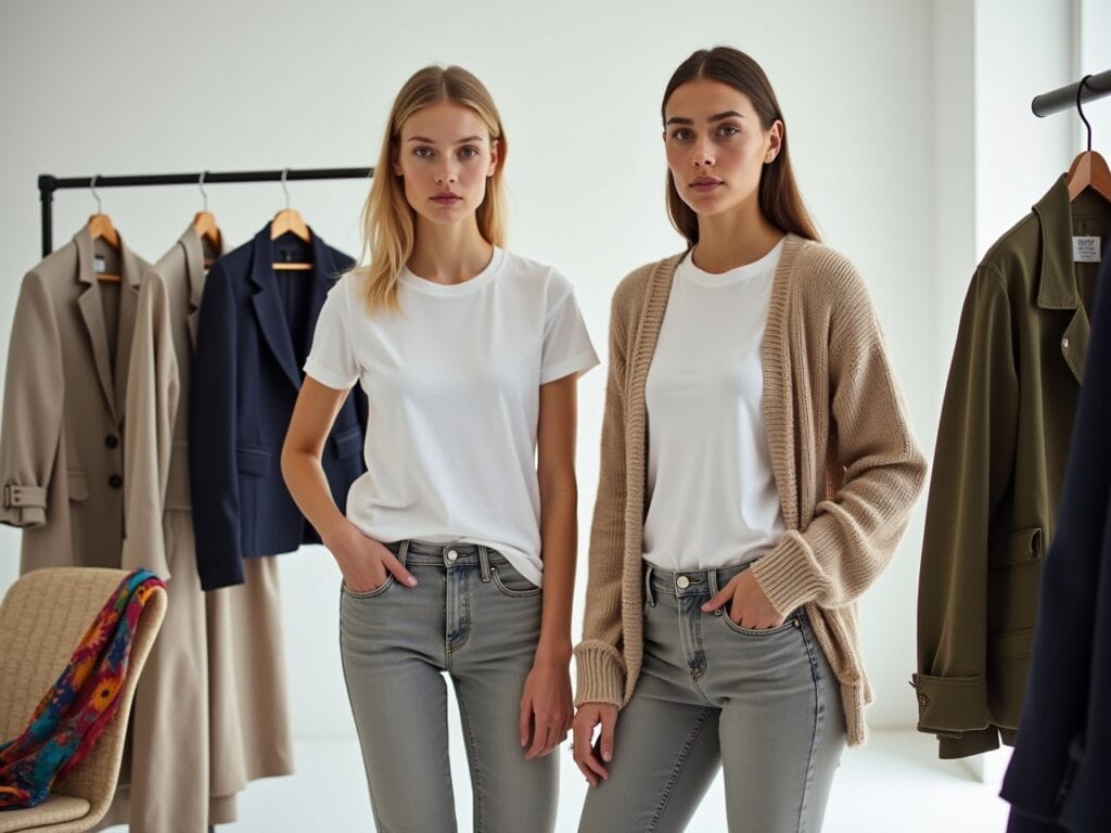 A fashion shoot is underway in a bright, spacious studio. A model stands confidently in the center, wearing a classic white tee shirt and neutral-toned jeans. Around her, strategically placed, are several layering options to illustrate styling possibilities: a cozy, beige knitted cardigan hanging from a nearby hook, a sleek navy-blue blazer displayed on a clothing rack, a colorful silk scarf casually draped over a chair, and a versatile olive-green layering jacket hanging on another hook, suggesting an edgier vibe. The lighting is soft and diffused, highlighting the textures and colors of each garment, creating an inviting and visually informative scene that showcases the art of layering.