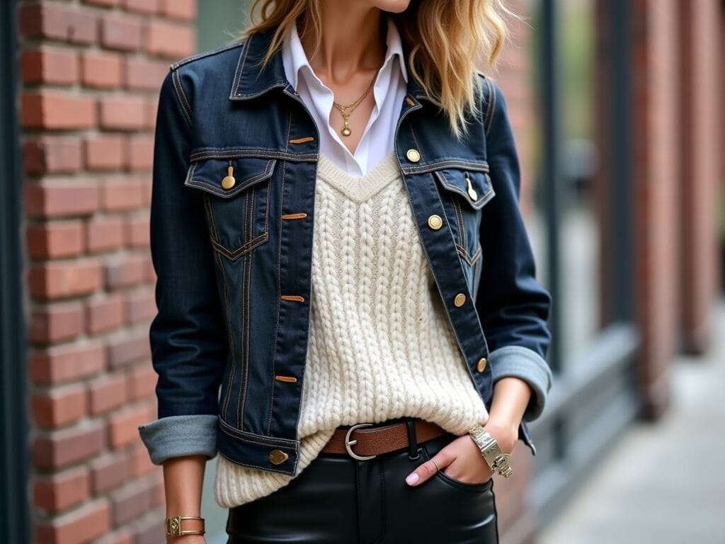 A person stands in a naturally lit urban setting, showcasing an outfit built on contrasting textures. They are wearing a dark-wash denim jacket, slightly faded, layered over a soft, chunky cream-colored cable-knit sweater. A glimpse of a crisp white cotton shirt collar is visible beneath the sweater's neckline. The lower body features sleek black leather pants or leggings, tucked into a pair of slightly worn suede ankle boots in a muted earth tone. Accessories include a delicate gold necklace and a brown leather belt with a subtle buckle. The background is softly blurred to emphasize the outfit, but suggests a brick wall or textured building. The overall impression is a stylish, comfortable ensemble that celebrates the interplay of rugged denim, cozy knitwear, smooth leather, and soft cotton, creating visual depth and tactile appeal.