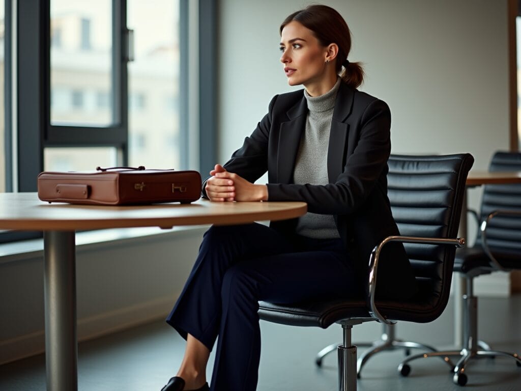 A professional woman sits at a conference table in a modern office setting. She is wearing tailored navy blue trousers, a fine-gauge merino wool sweater in a muted grey, and a structured black blazer. She is looking attentively at someone off-camera, appearing engaged in the meeting. She is wearing classic black leather loafers and has a brown leather briefcase resting beside her on the table. The lighting is bright and professional, highlighting the polished and sophisticated look of the outfit. The image conveys competence and professionalism while subtly showcasing the interplay of textures.
