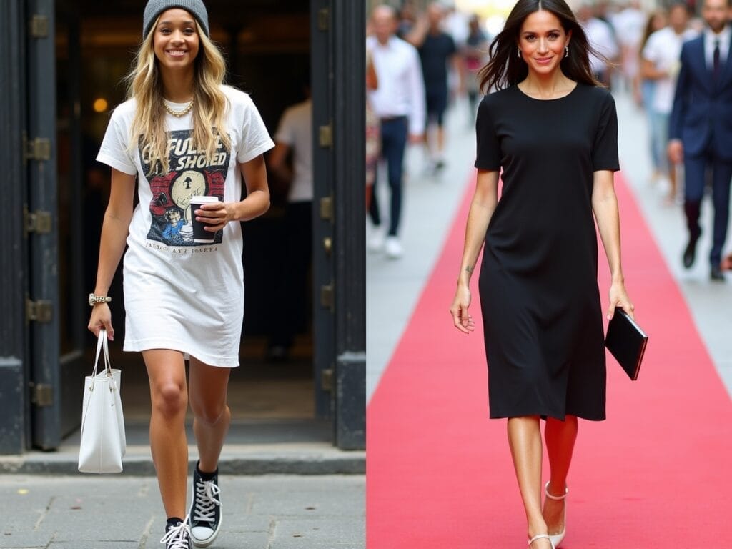 A split-screen image showcases two different celebrity styles with t-shirt dresses. On the left, a candid street-style shot captures Zendaya effortlessly rocking an oversized, graphic-print t-shirt dress paired with high-top sneakers, layered gold necklaces, and a beanie, exuding a cool, urban vibe as she grabs coffee. On the right, a red-carpet photo features Meghan Markle elegantly sporting a sleek, knee-length black t-shirt dress with a subtle A-line silhouette, complemented by classic pumps, delicate pearl earrings, and a sophisticated clutch, illustrating how she transforms the simple dress into a polished, royal-worthy ensemble.