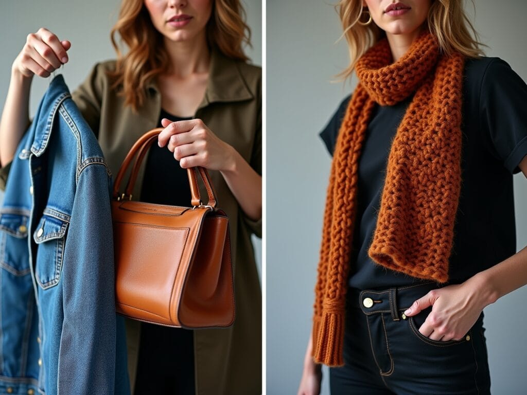 A split-screen image. On one side, a stylist is holding up a denim jacket, a knit scarf, and a leather handbag, explaining their textures to an unseen person. On the other side, a close-up shows a person's hands adjusting the layers of an outfit, highlighting the balance of textures. The lighting is bright and informative. The image conveys a sense of practical advice and guidance, answering common questions about mixing textures and providing visual examples of how to achieve a balanced and stylish look.