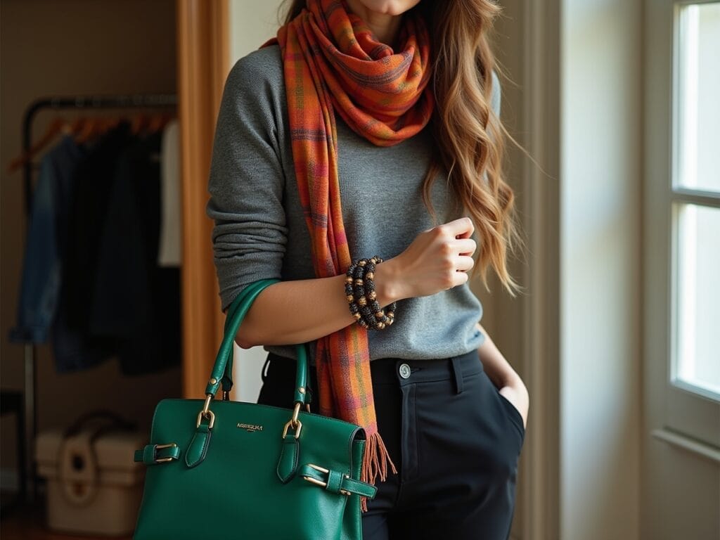 A well-styled outfit featuring a neutral base (e.g., a gray knit top and black trousers) accessorized to demonstrate multiple tips: a vibrant silk scarf draped around the neck, a chunky beaded bracelet on the wrist, and a structured leather handbag in a complementary jewel tone (e.g., emerald green). Capture the overall look and how the accessories add depth, color, and personality. The setting should be a stylish, well-lit room, perhaps a dressing room or a fashionable apartment.