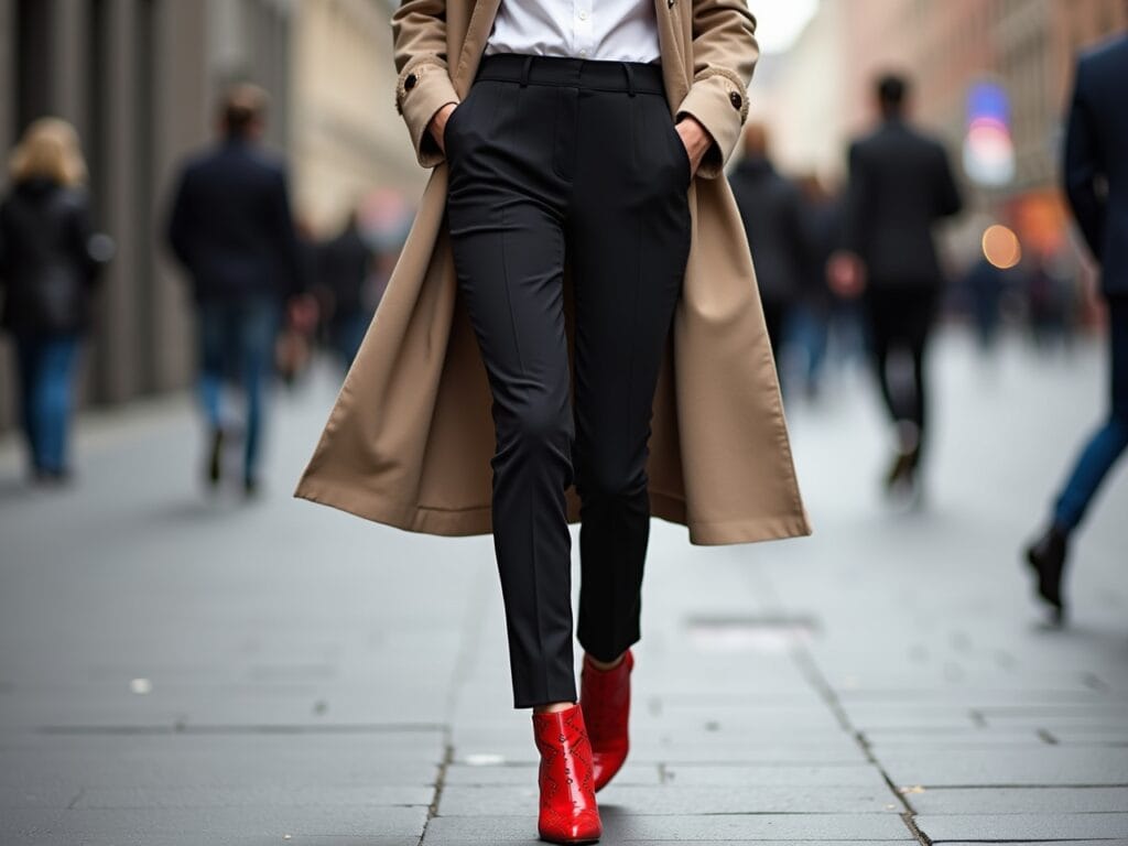 A woman confidently walking down a city street, wearing a neutral outfit consisting of black tailored trousers, a simple white top, and a beige trench coat. Her statement shoes are bold and eye-catching: perhaps bright red heels or ankle boots with a geometric pattern. Focus on the shoes and how they add personality and flair to the otherwise understated outfit. The background should be a busy city street, slightly blurred to keep the focus on the shoes.