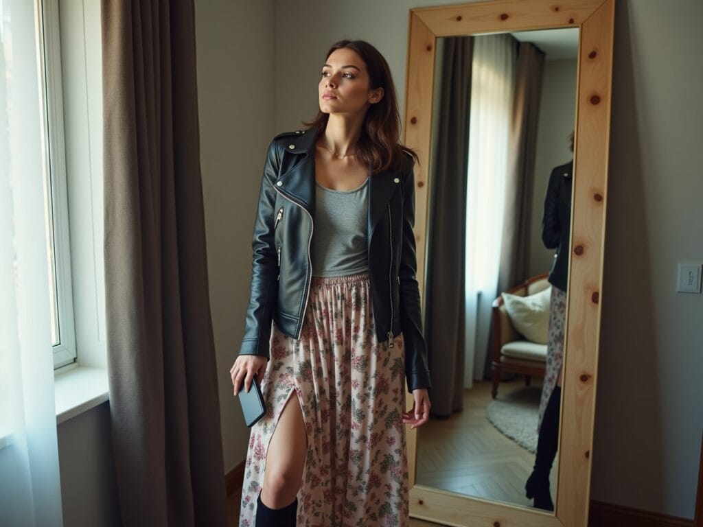 A woman is standing in front of a full-length mirror in her apartment, looking thoughtfully at her reflection. She's wearing a black leather jacket, a simple gray t-shirt, and a flowing floral maxi skirt. One foot is slightly forward, she is wearing a pair of black, over-the-knee boots. She is holding a smartphone in her hand, as if she had just taken a photo of herself. The apartment is stylish and comfortable, with natural light streaming in through the window. The scene captures a moment of personal reflection and self-assessment, showing the woman evaluating her outfit and considering its overall effect. Focus on her expression, conveying a sense of satisfaction and slight surprise at how well the outfit came together.