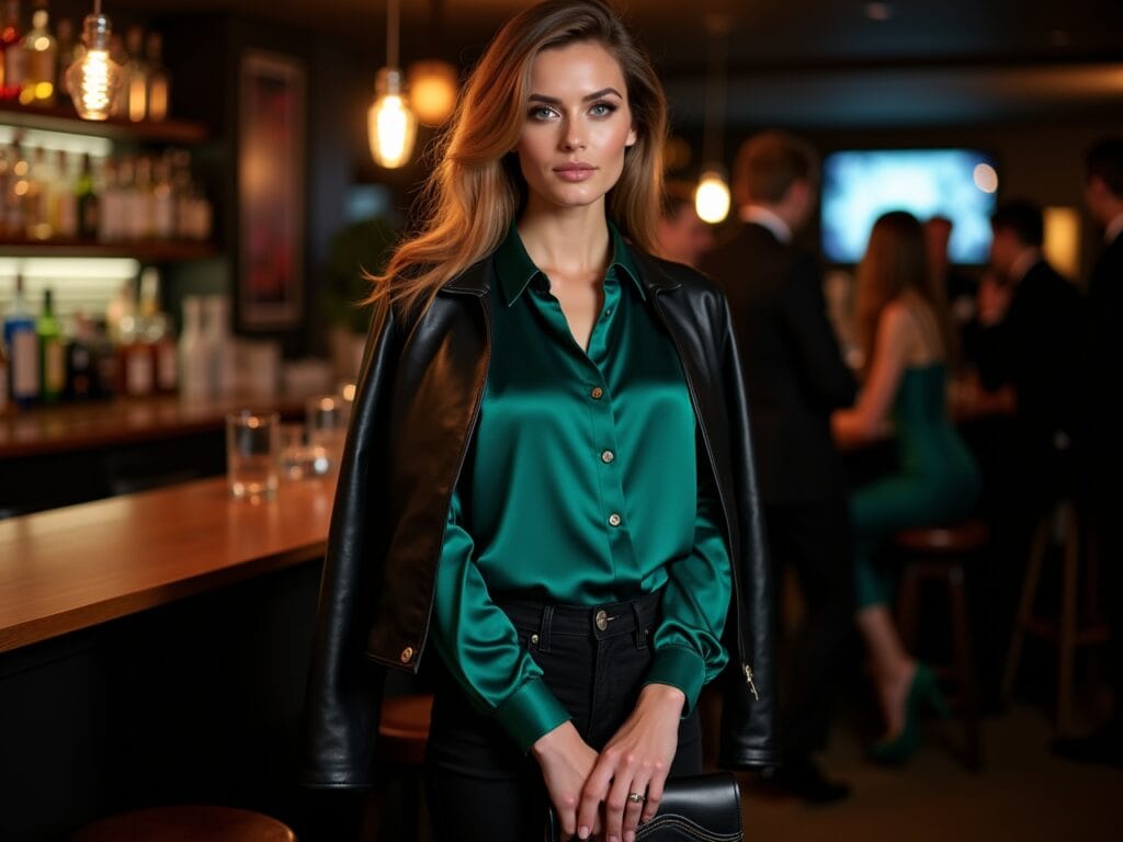 A woman is standing in a dimly lit cocktail bar, exuding elegance and confidence. She is wearing a flowing silk blouse in a deep jewel tone (emerald green or sapphire blue), black fitted trousers or dark-wash jeans, and a stylish black leather jacket draped over her shoulders. She is holding a sleek black clutch and wearing high heels. The background is blurred, with hints of other people and atmospheric lighting. The focus is on the woman and her sophisticated, chic outfit, emphasizing the smooth texture of the silk blouse against the edginess of the leather jacket. The image conveys a sense of glamour and effortless style.