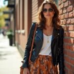 "A woman stands on a sun-drenched city street, leaning casually against a textured brick wall. She's wearing a slightly worn, black leather biker jacket that hits just at her hips, the zipper subtly glinting in the sunlight. Underneath, a simple white cotton t-shirt peeks out, slightly loose but not baggy. Her maxi skirt is a flowy, earthy-toned floral print, the fabric catching the breeze to reveal a hint of her tan ankle boots. Accessorize with delicate gold layered necklaces and aviator sunglasses perched on her nose. Her hair is styled in loose waves, and she carries a tan leather cross-body bag with a tasseled detail. The overall vibe is effortlessly cool, bohemian chic, and perfect for a relaxed weekend outing."