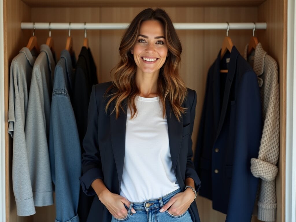 A woman with a warm, genuine smile is standing in her well-organized closet, looking directly at the camera. She's wearing a simple outfit of jeans and a t-shirt, but around her are visible several carefully chosen mid-layers – a soft grey sweater, a tailored navy blazer, and a cozy-looking cardigan. The lighting is natural and inviting, conveying a sense of authenticity and personal connection to the clothing. The scene is meant to capture the feeling of satisfaction and confidence that comes from having a well-curated wardrobe of versatile pieces.