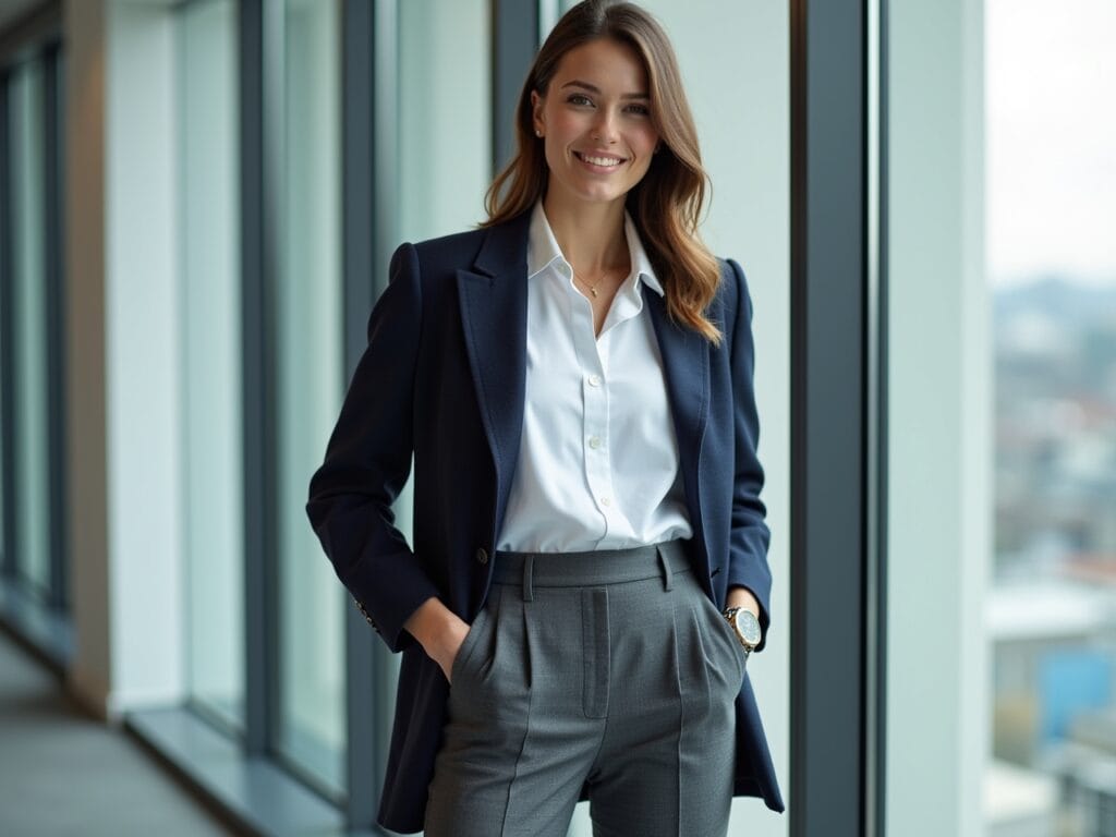 A young professional woman stands confidently in a well-lit, modern office space with floor-to-ceiling windows overlooking a bustling city. She's the epitome of polished style, wearing a crisp white button-down shirt meticulously tucked into high-waisted, charcoal grey wide-leg trousers. A navy blue, single-breasted blazer with a subtle texture drapes perfectly over her shoulders, accentuating her silhouette. She accessorizes with a delicate gold necklace, a classic wristwatch, and pointed-toe black pumps. Her hair is neatly styled, and she has a warm, approachable smile. The overall lighting is soft and natural, highlighting the high-quality fabrics and impeccable fit of each garment, conveying an image of effortless professionalism and sophisticated style, perfect for inspiring readers to create their own layered looks.