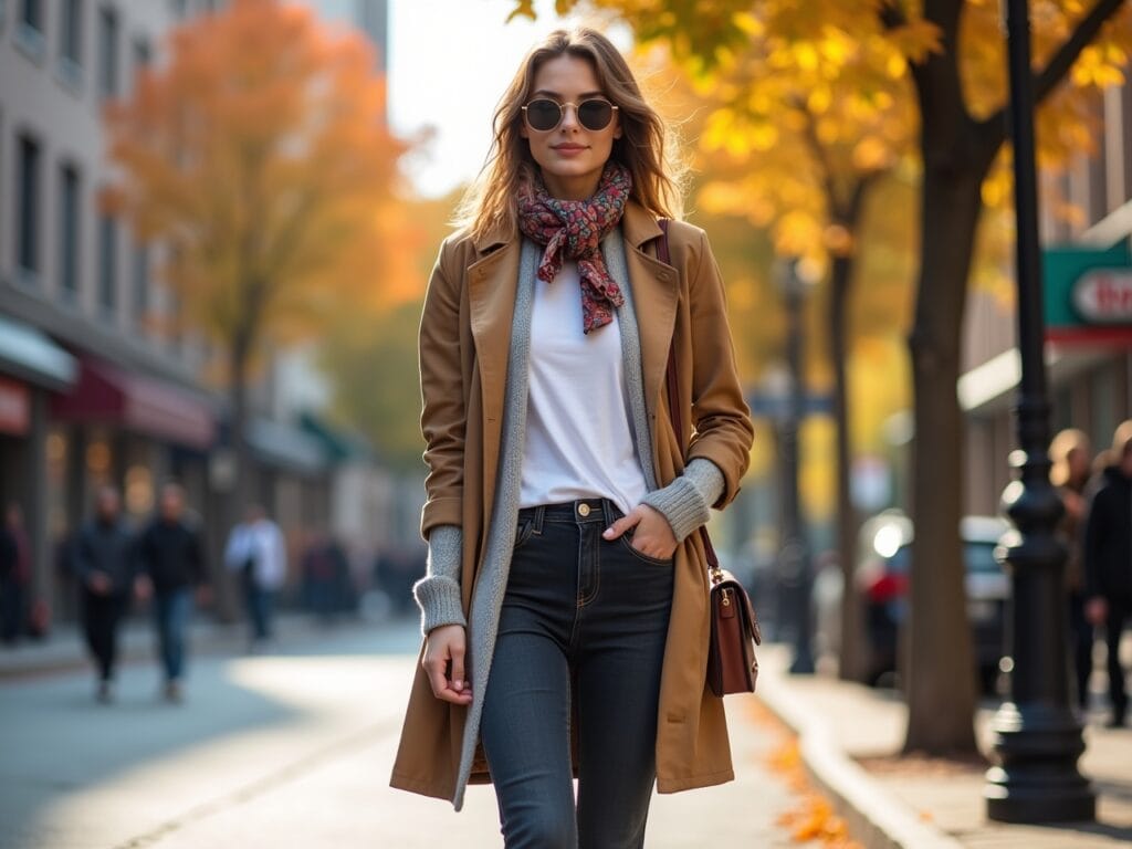 A young woman stands on a vibrant city street corner on a sunny autumn day. She is wearing a white crew-neck t-shirt as a base layer, over which is a loosely buttoned, slightly oversized, light-grey cardigan. A stylish, knee-length trench coat in a classic camel color is draped over her shoulders. She's wearing dark-wash, high-waisted jeans cuffed just above the ankle, and white leather sneakers. A colorful, patterned scarf is casually tied around her neck, adding a pop of color. She has a brown leather crossbody bag slung over one shoulder. Her hair is styled in loose waves, and she's wearing sunglasses. The background features a bustling urban scene with pedestrians, shops, and colorful foliage on trees. The overall look is effortlessly chic, comfortable, and perfect for a transitional weather day. The lighting is soft and natural, highlighting the textures of the different layers.