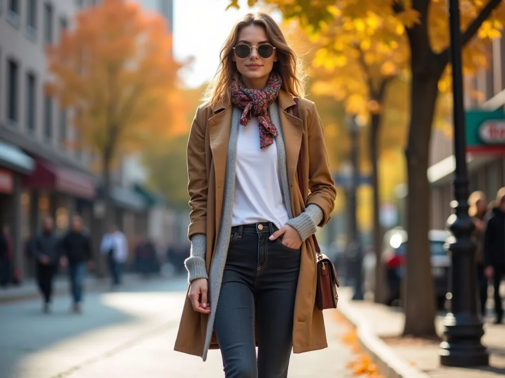 A young woman stands on a vibrant city street corner on a sunny autumn day. She is wearing a white crew-neck t-shirt as a base layer, over which is a loosely buttoned, slightly oversized, light-grey cardigan. A stylish, knee-length trench coat in a classic camel color is draped over her shoulders. She's wearing dark-wash, high-waisted jeans cuffed just above the ankle, and white leather sneakers. A colorful, patterned scarf is casually tied around her neck, adding a pop of color. She has a brown leather crossbody bag slung over one shoulder. Her hair is styled in loose waves, and she's wearing sunglasses. The background features a bustling urban scene with pedestrians, shops, and colorful foliage on trees. The overall look is effortlessly chic, comfortable, and perfect for a transitional weather day. The lighting is soft and natural, highlighting the textures of the different layers.