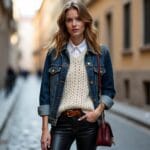 A young woman stands on a cobblestone street in a European city, bathed in soft, diffused daylight. She's wearing a dark-wash denim jacket, slightly distressed, over a chunky, cream-colored cable-knit sweater. Beneath the sweater, the collar of a crisp white cotton button-down shirt peeks out. Her lower half consists of black, slightly worn leather pants or leggings tucked into metallic silver ankle boots with a subtle heel. She has a brown suede belt, and a small, structured oxblood-colored leather crossbody bag hangs from her shoulder. Her hair is styled in loose waves, and she wears minimal makeup. The background is blurred but shows classic European architecture with neutral tones, enhancing the textures of her outfit. The overall mood is effortlessly stylish, edgy, and comfortable, highlighting the interplay of denim, knitwear, and leather.