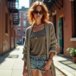 A young woman with sun-kissed skin and tousled auburn hair stands confidently in a sunlit urban alleyway. She's wearing a slightly oversized, vintage band t-shirt tucked into high-waisted, light-wash denim shorts with a frayed hem. Layered over the t-shirt is an open, longline cardigan in a chunky knit of variegated greys and creams, giving a bohemian vibe. Her feet are adorned with worn leather ankle boots, adding a touch of edginess to the outfit. Accessorizing the look is a delicate silver necklace, a couple of hammered silver rings, and a pair of aviator sunglasses perched on her nose. The background features exposed brick walls with street art and a fire escape ladder, enhancing the urban, effortlessly cool aesthetic.