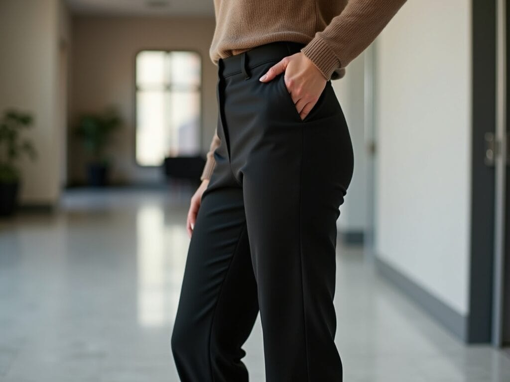 A professional woman standing confidently in an office setting, wearing black tailored trousers with a precise fit. Focus on the sharp lines and elegant drape of the trousers. She should be paired with a neutral top and subtle accessories.