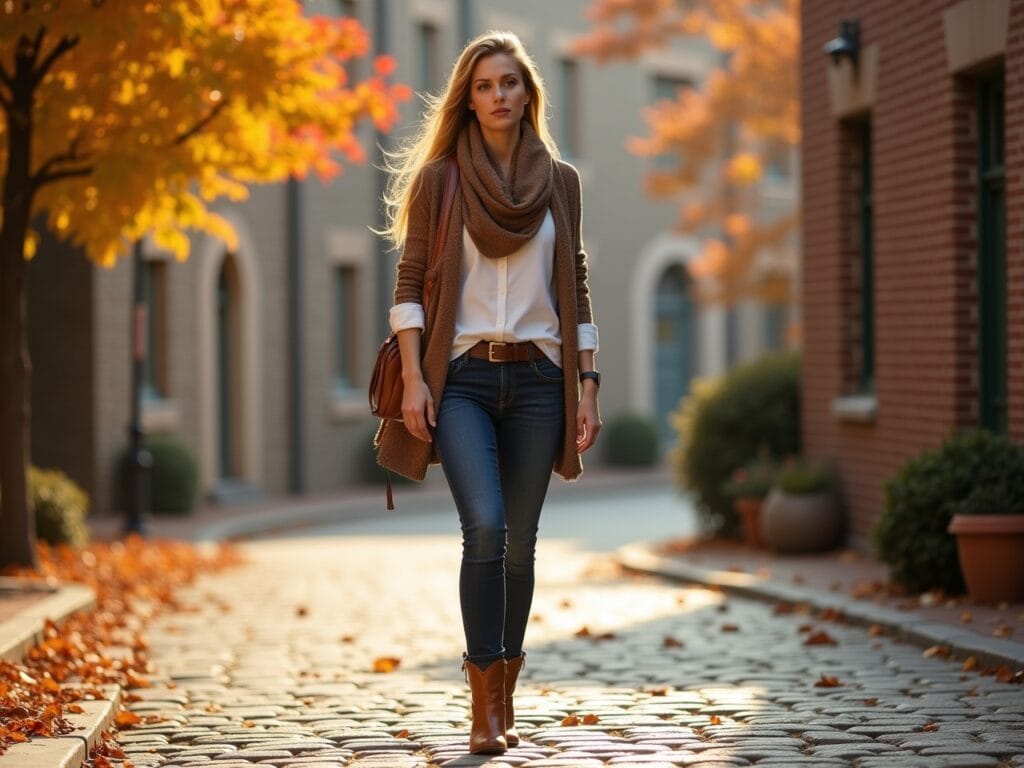 A woman (mid-20s) walking down a cobblestone street in autumn, wearing a white shirt, dark-wash jeans tucked into ankle boots in brown leather, and a scarf. Focus on the boots and how they complement the denim. The background should feature fall foliage and charming architecture. The lighting should be warm and golden, creating a cozy and stylish atmosphere.