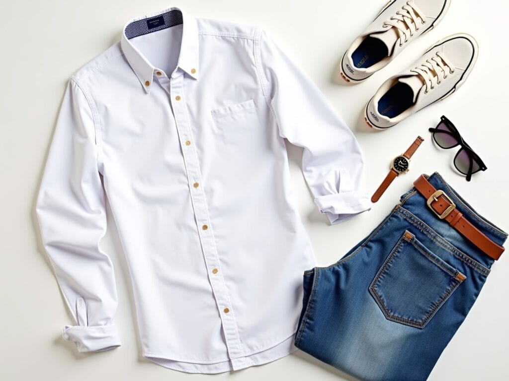 Capture a flat lay styled on a clean, white surface. The focus is on a neatly folded classic white shirt, laying beside a pair of perfectly faded blue jeans. Arrange accessories artfully around them: a simple leather belt, a pair of white sneakers, a classic watch, and a pair of sunglasses. The lighting should be soft and diffused, highlighting the textures of the cotton shirt and denim jeans. The composition should feel inviting and represent the "white shirt blue jeans" look as a versatile fashion staple.