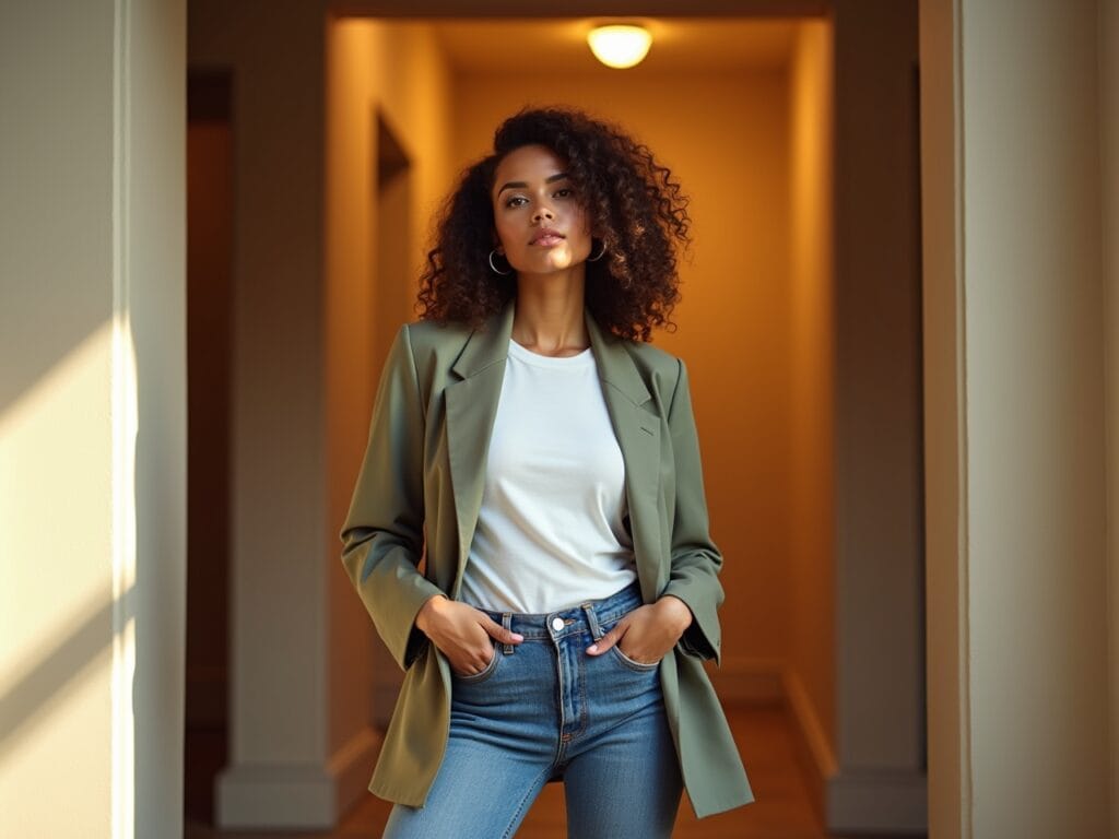 A woman stands in a sunlit doorway, radiating confidence and style. She's wearing a classic white t-shirt, well-fitting jeans, and a perfectly tailored blazer. The lighting is warm and inviting, highlighting the textures and colors of the clothing. The doorway frames her silhouette, creating a sense of poised elegance. This image encapsulates the transformative power of mid-layers to elevate a simple outfit into something truly special and to showcase the endless possibilities for styling and layering.