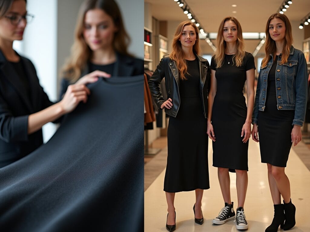 A brightly lit clothing store features a split-screen display. On the left, a close-up of a soft cotton t-shirt dress showcases the fabric's texture and comfort. A customer is inspecting the dress, with a tag indicating "machine washable silk," addressing the question of fabric care. On the right, three women are shown styled in the same black t-shirt dress, each with different accessories: one in heels and a blazer, one in ankle boots and a leather jacket, and the third in sneakers and a denim jacket, visually answering the question of how to style a t-shirt dress for various occasions. This illustrates the range of frequently asked questions about t-shirt dresses and their easy solutions.