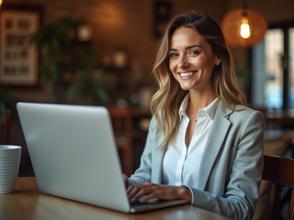 A friendly and approachable woman (late 20s) is video chatting with a friend on her laptop in a cozy coffee shop setting. She is wearing a stylish, slightly elevated version of the white shirt and blue jeans look (perhaps with a blazer and fashionable sneakers). The laptop screen is visible, showing a simplified question-and-answer format related to styling tips. The scene captures a casual and informative vibe, suggesting she is sharing fashion advice and answering common questions about how to make the most of the white shirt and blue jeans duo.