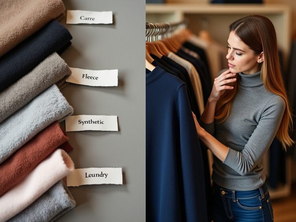 A split-screen image: On one side, close-up shots of various fabric textures like merino wool, fleece, and synthetic materials, accompanied by care labels and laundry symbols. On the other side, a woman thoughtfully examining a garment in a store, considering its fit and style. The image is designed to be informative and helpful, addressing common questions about fabric choices, body types, and garment care, emphasizing the practical aspects of selecting and maintaining mid-layers.