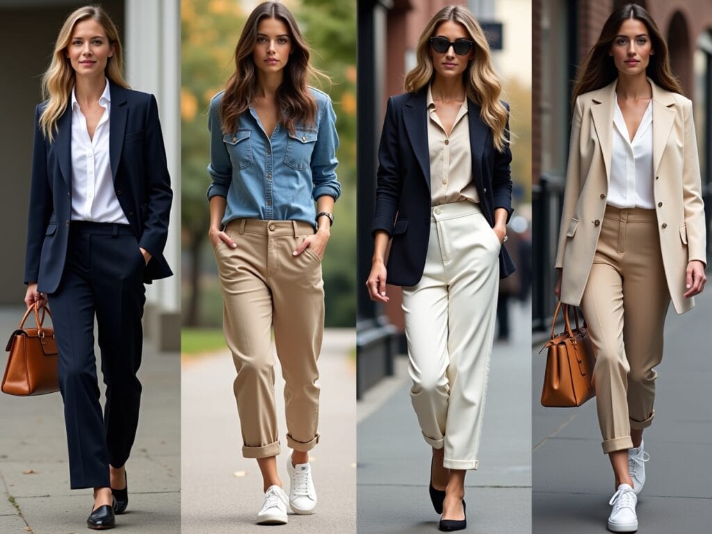 Four distinct scenes, each representing a different occasion and showcasing a corresponding neutral outfit: Work: A professional woman in an office setting, wearing a navy blue blazer over a white shirt with black trousers. Casual Outings: A relaxed individual in a park, wearing a chambray shirt with beige chinos and white sneakers. Formal Events: A well-dressed person attending an elegant party, wearing an ivory sheath dress paired with minimalist accessories. Date Night: A stylish man walking down a city street, wearing a spezzato outfit combining a contrasting jacket and trousers in complementary neutral tones.