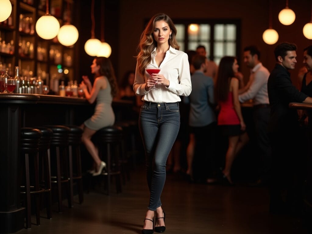 A woman (late 20s) standing in a stylish bar or lounge, wearing a white shirt, dark-wash skinny jeans, and high heels (e.g., classic black pumps or strappy sandals). She is holding a cocktail. The background should be dimly lit and sophisticated, with a lively social atmosphere. The image should convey a sense of glamour and confidence.