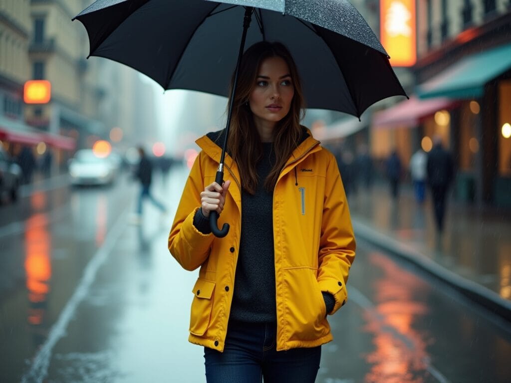 A woman is walking down a rainy city street, holding a black umbrella. She is wearing a bright yellow waterproof and breathable shell jacket over a dark sweater. The jacket has a slightly sporty cut and reflective detailing. Puddles reflect the city lights, and the rain creates a sense of atmosphere. The focus is on the functionality and style of the outer layer, emphasizing its weather protection and visual appeal.