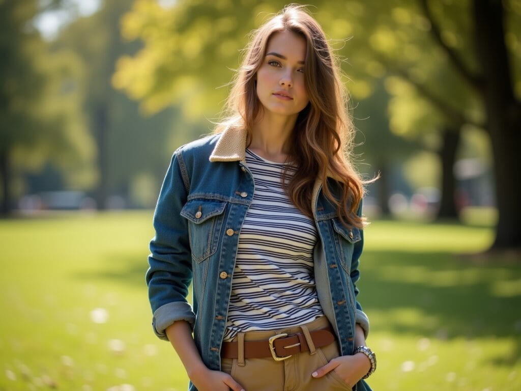 A young woman is posing in a sunlit park. She's wearing a striped Breton-style t-shirt layered under a denim jacket with a corduroy collar. She's paired this with khaki pants and leather boots. The focus is on the interplay of the different textures and patterns – the smooth denim, the rough corduroy, and the classic stripes. The background is blurred greenery, putting the emphasis on the outfit. The overall effect is casual, eclectic, and stylish.