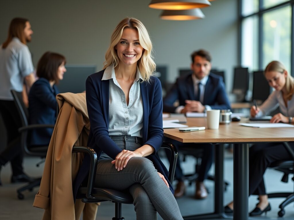 A woman is sitting at a conference table in a modern office setting. She's wearing a light-grey tee shirt under a crisp, white button-down shirt, with the top button undone. A navy-blue cardigan is layered over the shirt. A classic camel-colored trench coat is draped over the back of her chair. She's wearing tailored pants and loafers. The overall look is professional and polished, with a touch of personal style. The background features other people in business attire, computers, and office supplies.