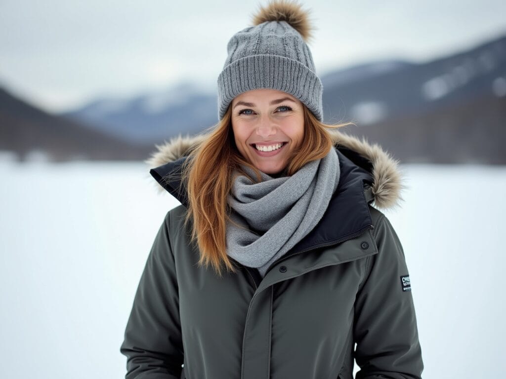 A person is standing in a snowy landscape, smiling and looking directly at the camera. They are wearing a visible merino wool base layer top with a quarter zip. Over that, they have a fleece jacket, and finally a waterproof and windproof parka. They also have a warm hat pulled down over their ears, a scarf wrapped around their neck, and insulated gloves on their hands. Focus is on the visible layers and how they work together to protect from the cold.