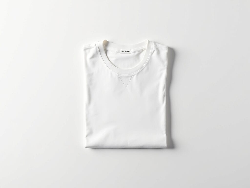 A close-up studio shot of a crisp, white crew-neck t-shirt. The t-shirt is perfectly smooth and neatly folded. The lighting is soft and even, highlighting the texture of the cotton fabric. The background is a clean, minimalist white.