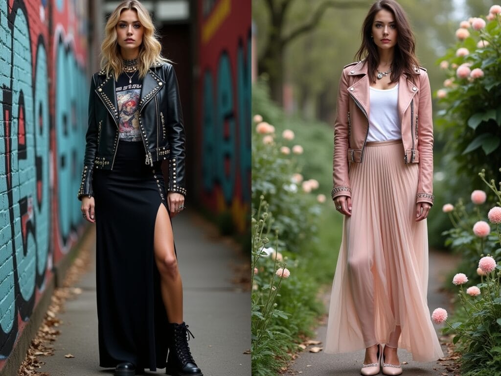 a. Edgy Image Prompt: A woman is standing in an alleyway with graffiti art in the background. She's wearing a black leather biker jacket adorned with metal studs and patches, a graphic tee, a black maxi skirt with a slit, and combat boots. She has dark eye makeup and multiple piercings. The scene is dark and rebellious, showcasing the edgy aesthetic. b. Feminine Image Prompt: A woman is standing in a garden filled with flowers. She's wearing a blush-colored leather jacket, a white t-shirt, a flowing maxi skirt in a soft pastel color, and delicate ballet flats. She has her hair styled in loose waves and is wearing minimal jewelry. The scene is soft, romantic, and feminine.