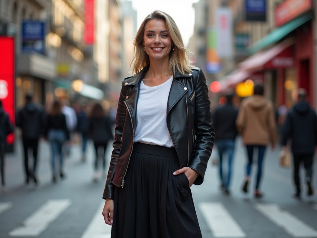 A woman is standing confidently in a vibrant, bustling city street, smiling at the camera. She's wearing a perfectly styled leather jacket, t-shirt, and maxi skirt outfit that reflects her unique personality. Around her, people are going about their day, representing the diverse lifestyles and occasions for which this versatile outfit can be worn. The scene conveys a sense of effortless style and self-assurance, highlighting the transformative power of fashion. The lighting is bright and natural, emphasizing the energy and dynamism of the urban environment.