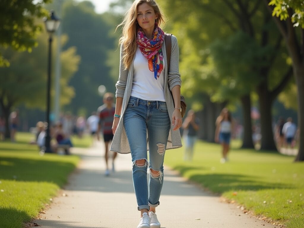A young woman is strolling through a park on a sunny afternoon. She's wearing a plain white tee tucked into distressed denim jeans. She's added a light-grey, open-front cardigan. A brightly colored, patterned scarf is loosely draped around her neck. She's wearing white sneakers. The scene is relaxed and comfortable, emphasizing the effortless style. The background features greenery, trees, and other people enjoying the park.
