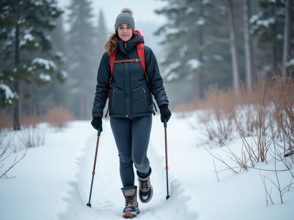 A hiker is trekking through a snow-covered forest. They are wearing long underwear made of a synthetic material, over that a pair of softshell hiking pants, and a waterproof shell pant over the softshells. On top, they are wearing a visible merino wool base layer, a down puffy jacket, and a waterproof shell jacket. A warm hat is pulled down over their ears and they have a scarf around their neck. They are wearing waterproof boots with good insulation. The focus should be on the practical and functional layers.