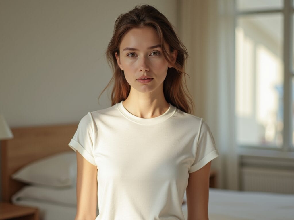 A young woman is standing indoors, bathed in soft, natural light from a nearby window. She is wearing a simple, fitted white cotton t-shirt. The focus is on the clean lines of the t-shirt and how it skims her body without being too tight. The background is a minimalist bedroom with a neutral color palette. The overall impression is one of comfortable simplicity and understated elegance. Focus on the quality of the cotton and how it drapes.