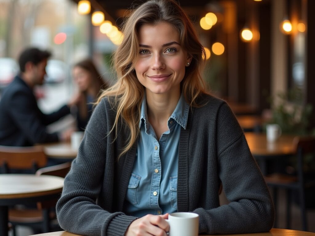 A young man is sitting at an outdoor cafe table on a crisp autumn afternoon. He's wearing a dark-grey, finely knit merino wool cardigan over a light-blue chambray shirt. The cardigan is buttoned halfway, showing the collar of the shirt underneath. The cafe is bustling with activity in the background, with people enjoying coffee and conversation. The lighting is warm and inviting, highlighting the textures of the wool and chambray. The overall look is relaxed yet stylish.